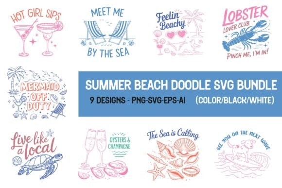Retro Summer Beach Doodles for Crafts & Graphics